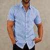 imageButton Down Short Sleeve Linen Shirts for Men Summer Casual Cotton Spread Collar Beach ShirtsBlue