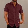 imageButton Down Short Sleeve Linen Shirts for Men Summer Casual Cotton Spread Collar Beach ShirtsRed Wine