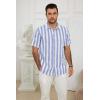 imageButton Down Short Sleeve Linen Shirts for Men Summer Casual Cotton Spread Collar Beach ShirtsStripe Blue