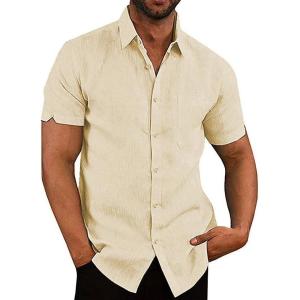 imageButton Down Short Sleeve Linen Shirts for Men Summer Casual Cotton Spread Collar Beach ShirtsBeige