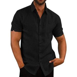 imageButton Down Short Sleeve Linen Shirts for Men Summer Casual Cotton Spread Collar Beach ShirtsBlack