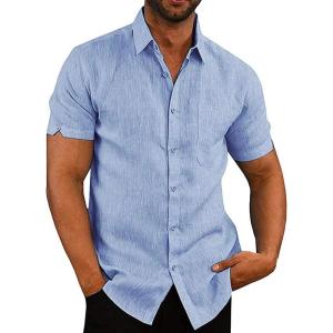 imageButton Down Short Sleeve Linen Shirts for Men Summer Casual Cotton Spread Collar Beach ShirtsBlue