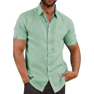imageButton Down Short Sleeve Linen Shirts for Men Summer Casual Cotton Spread Collar Beach ShirtsGreen