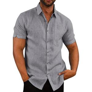 imageButton Down Short Sleeve Linen Shirts for Men Summer Casual Cotton Spread Collar Beach ShirtsGrey