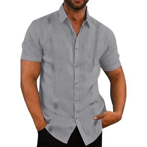 imageButton Down Short Sleeve Linen Shirts for Men Summer Casual Cotton Spread Collar Beach ShirtsGuayabera Grey