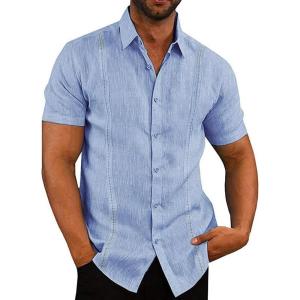 imageButton Down Short Sleeve Linen Shirts for Men Summer Casual Cotton Spread Collar Beach ShirtsGuayaberablue