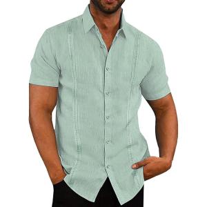 imageButton Down Short Sleeve Linen Shirts for Men Summer Casual Cotton Spread Collar Beach ShirtsGuayaberamint Green