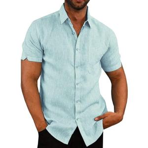 imageButton Down Short Sleeve Linen Shirts for Men Summer Casual Cotton Spread Collar Beach ShirtsMint Blue