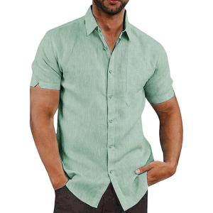 imageButton Down Short Sleeve Linen Shirts for Men Summer Casual Cotton Spread Collar Beach ShirtsMint Green