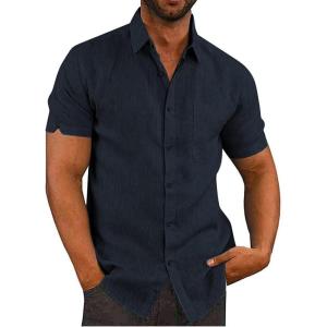 imageButton Down Short Sleeve Linen Shirts for Men Summer Casual Cotton Spread Collar Beach ShirtsNavy Blue