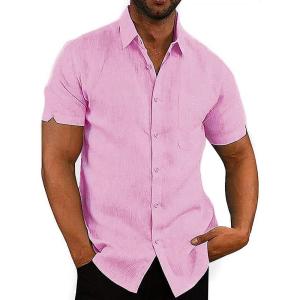 imageButton Down Short Sleeve Linen Shirts for Men Summer Casual Cotton Spread Collar Beach ShirtsPink