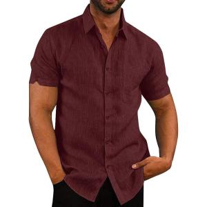 imageButton Down Short Sleeve Linen Shirts for Men Summer Casual Cotton Spread Collar Beach ShirtsRed Wine