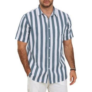 imageButton Down Short Sleeve Linen Shirts for Men Summer Casual Cotton Spread Collar Beach ShirtsStripe Dark Green