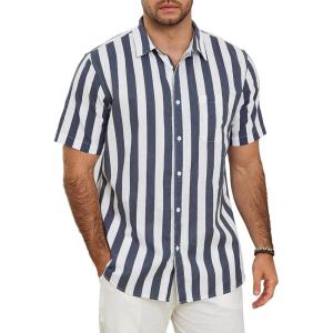 imageButton Down Short Sleeve Linen Shirts for Men Summer Casual Cotton Spread Collar Beach ShirtsStripe Grey