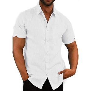 imageButton Down Short Sleeve Linen Shirts for Men Summer Casual Cotton Spread Collar Beach ShirtsWhite