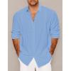 imageMens Casual Long Sleeve Cotton Linen Shirts Buttons Down Cuban Camp RollUp Sleeve Summer Beach ShirtsCuban Blue