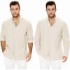 imageMens Casual Long Sleeve Cotton Linen Shirts Buttons Down Solid Plain RollUp Sleeve Summer Beach ShirtsXbeige