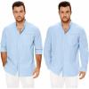 imageMens Casual Long Sleeve Cotton Linen Shirts Buttons Down Solid Plain RollUp Sleeve Summer Beach ShirtsXblue