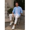imageMens Casual Long Sleeve Cotton Linen Shirts Buttons Down Solid Plain RollUp Sleeve Summer Beach ShirtsXblue