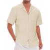 imageMens Cotton Linen Short Sleeve Shirts Cuban Camp Button Down Beach Vacation Tops with PocketCampapricot