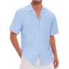 imageMens Cotton Linen Short Sleeve Shirts Cuban Camp Button Down Beach Vacation Tops with PocketCampblue