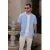 imageMens Cotton Linen Short Sleeve Shirts Cuban Camp Button Down Beach Vacation Tops with PocketCampblue