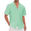 imageMens Cotton Linen Short Sleeve Shirts Cuban Camp Button Down Beach Vacation Tops with PocketCampgreen