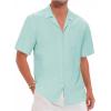imageMens Cotton Linen Short Sleeve Shirts Cuban Camp Button Down Beach Vacation Tops with PocketCampmintblue