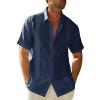 imageMens Casual Linen Cotton Button Down Short Sleeve Shirts Cuban Camp Guayabera Beach TopsCubannavy Blue