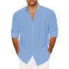 imageMens Casual Long Sleeve Cotton Linen Shirts Buttons Down Cuban Camp RollUp Sleeve Summer Beach ShirtsCuban Blue