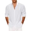 imageMens Casual Long Sleeve Cotton Linen Shirts Buttons Down Cuban Camp RollUp Sleeve Summer Beach ShirtsCuban White