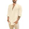 imageMens Casual Long Sleeve Cotton Linen Shirts Buttons Down Solid Plain RollUp Sleeve Summer Beach ShirtsBeige