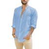 imageMens Casual Long Sleeve Cotton Linen Shirts Buttons Down Solid Plain RollUp Sleeve Summer Beach ShirtsXblue