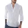imageMens Cotton Linen Henley Shirts 34 Sleeve Beach Yoga Summer Solid T Shirt Tops
