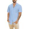 imageMens Cotton Linen Short Sleeve Shirts Cuban Camp Button Down Beach Vacation Tops with PocketCampblue