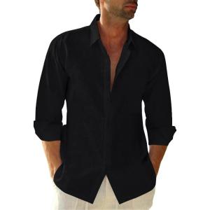 imageButton Down Linen Shirts for Men Casual Long Sleeve Regular Fit Cotton Beach Shirts with PocketBlack