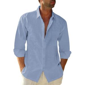 imageButton Down Linen Shirts for Men Casual Long Sleeve Regular Fit Cotton Beach Shirts with PocketBlue