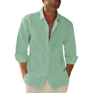 imageButton Down Linen Shirts for Men Casual Long Sleeve Regular Fit Cotton Beach Shirts with PocketGreen