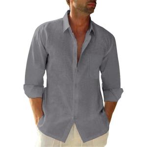 imageButton Down Linen Shirts for Men Casual Long Sleeve Regular Fit Cotton Beach Shirts with PocketGrey
