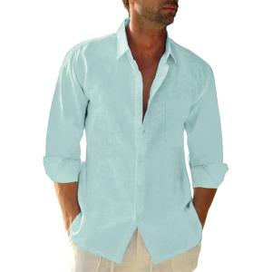 imageButton Down Linen Shirts for Men Casual Long Sleeve Regular Fit Cotton Beach Shirts with PocketMint Blue