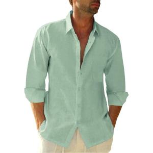 imageButton Down Linen Shirts for Men Casual Long Sleeve Regular Fit Cotton Beach Shirts with PocketMint Green