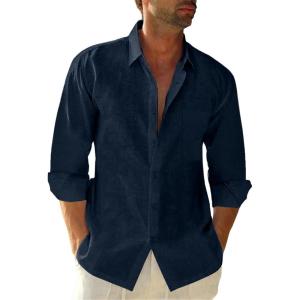 imageButton Down Linen Shirts for Men Casual Long Sleeve Regular Fit Cotton Beach Shirts with PocketNavy