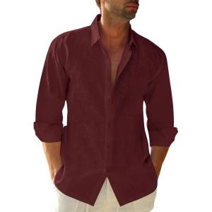 imageButton Down Linen Shirts for Men Casual Long Sleeve Regular Fit Cotton Beach Shirts with PocketRed Wine