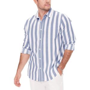 imageButton Down Linen Shirts for Men Casual Long Sleeve Regular Fit Cotton Beach Shirts with PocketStripe Blue