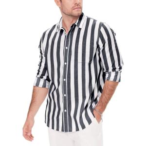imageButton Down Linen Shirts for Men Casual Long Sleeve Regular Fit Cotton Beach Shirts with PocketStripe Grey