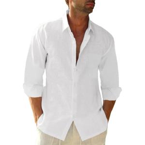 imageButton Down Linen Shirts for Men Casual Long Sleeve Regular Fit Cotton Beach Shirts with PocketWhite