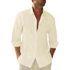 imageButton Down Linen Shirts for Men Casual Long Sleeve Regular Fit Cotton Beach Shirts with PocketZ Guayabera Beige