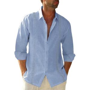 imageButton Down Linen Shirts for Men Casual Long Sleeve Regular Fit Cotton Beach Shirts with PocketZ Guayabera Blue