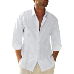 imageButton Down Linen Shirts for Men Casual Long Sleeve Regular Fit Cotton Beach Shirts with PocketZ Guayabera White