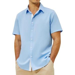 imageMens Button Down Dress Shirts Short Sleeve Casual Shirts Wrinkle Free Business Shirt Stain SheildBlue